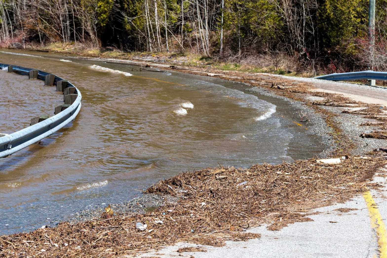 Flood water covers a road