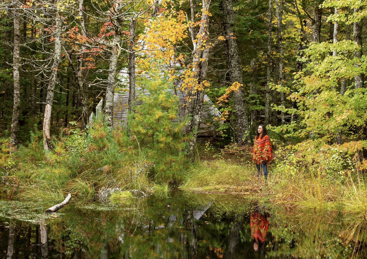 Photo of shalan joudry standing next to a pool of glimmering water, looking out into the distance. Behind her are tall green pine and other trees. She is wearing a red knitted poncho.